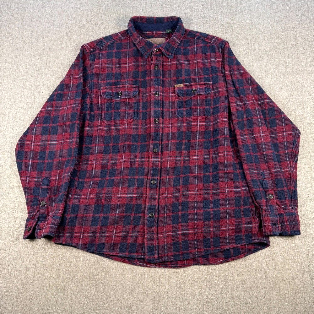 Orvis Flannel Shirt Mens XL Burgundy Navy Blue Plaid Side Pockets Button Down